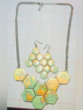 ModCloth Map-Pattern Hexagon Pendant Necklace and Earrings Set